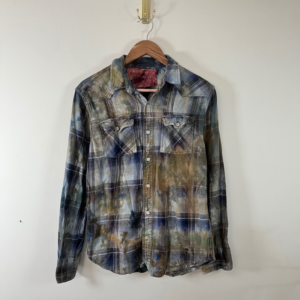 Rough And Tumble Vtg. Tie Dye Plaid Utility Button Down Shirt Boho Gorpcore